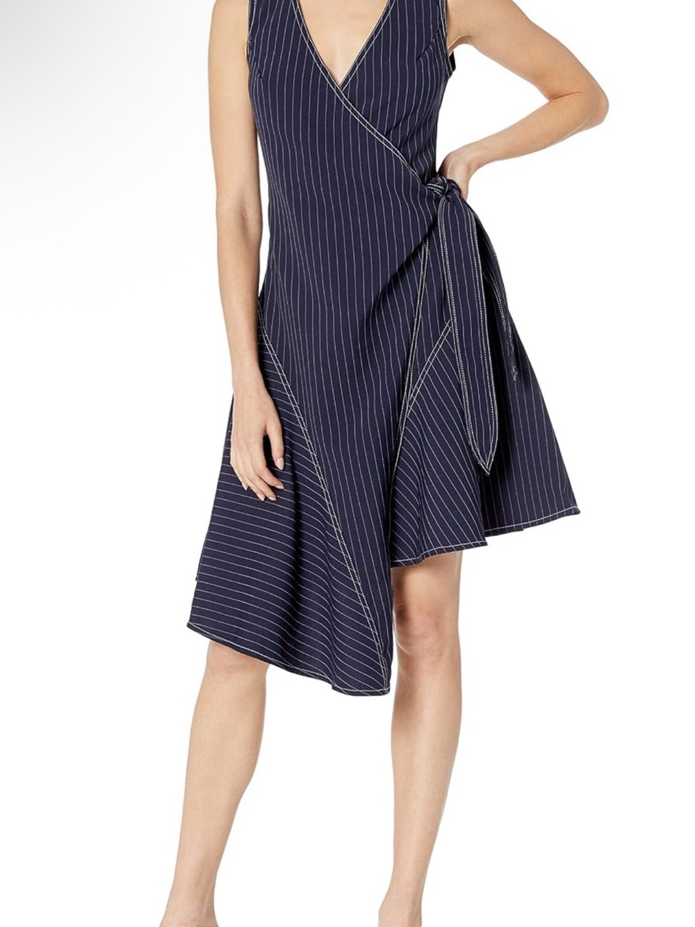 Elliatt Sleeveless Navy Pinstripe Wrap Dress
